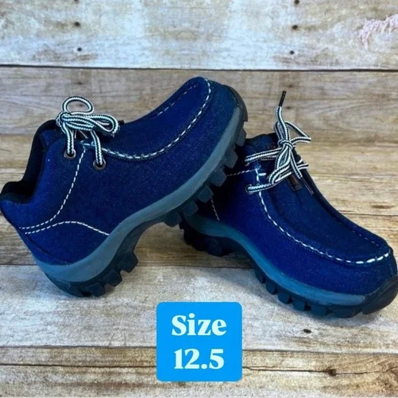 Redhawk Kids Denim Moc‎ Toe Boots Blue Lace Up Rugged Lug Sole Shoes Size 12.5