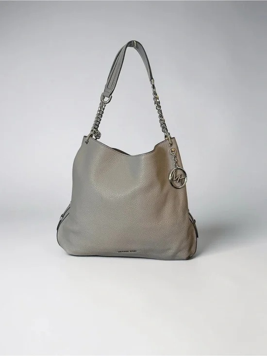 Michael Kors Lillie Large Pebbled Leather Chain Shoulder Bag Tote Pearl Grey