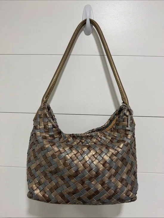 Fossil Woven Handbag Bronze Silver Gold Hobo Bag Purse Skeleton Key Charm