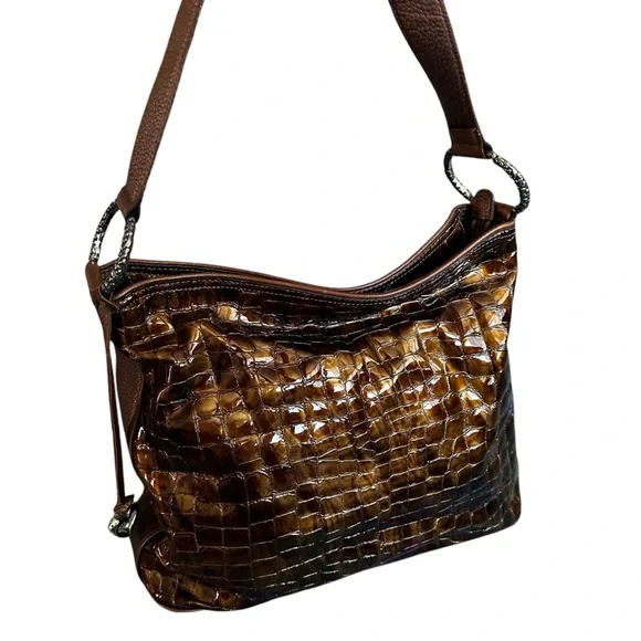 Brighton Bronze Patent Leather Croc Embossed Purse Shoulde Bag Hobo Tote