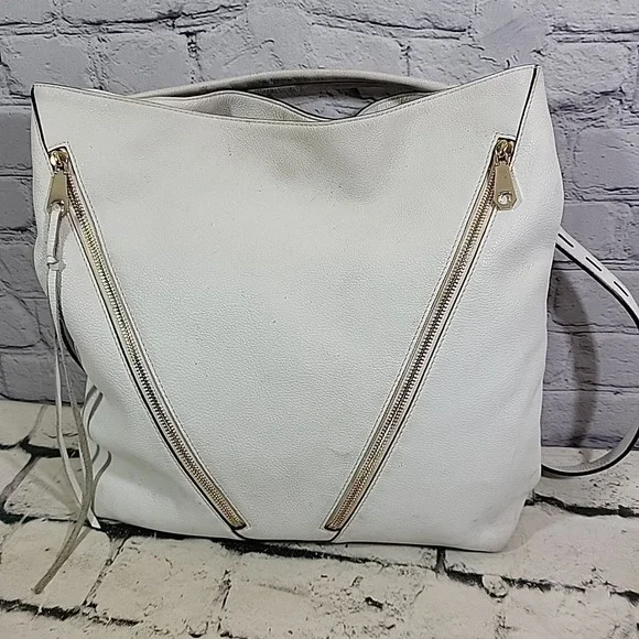 Rebecca Minkoff Hobo Bag Crossbody Off‎ White Leather Zippers Lined Flaws