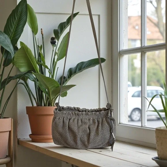 Lucky Brand Alva Small Crossbody Shoulder Bag Taupe Dot‎ Textured Leather