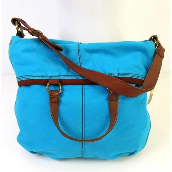 LUCKY BRAND BANDIT FOLDOVER BLUE COTTON BROWN LEATHER TOTE SHOULDER BAG HANDBAG