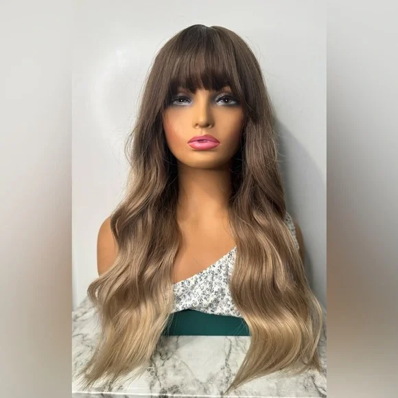 Long Ombre Balayage Wig w/ Bangs – Brown to Light ash Blonde Wavy Natural Look