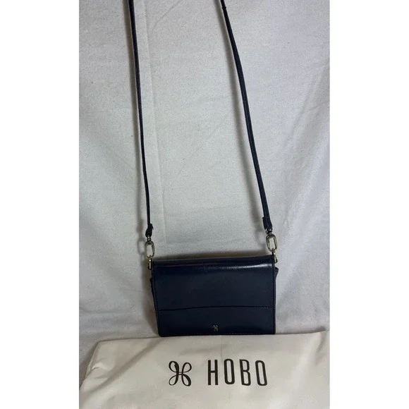 HOBO Jill Wallet Crossbody in Polished Leather -‎ Dark Blue With Dust Bag 7x5