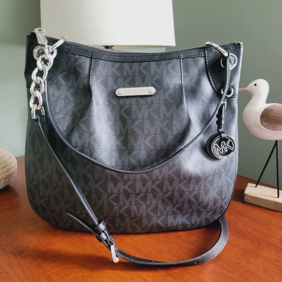 Michael Kors Jet Set Black Logo Canvas Crossbody Hobo Bag Purse