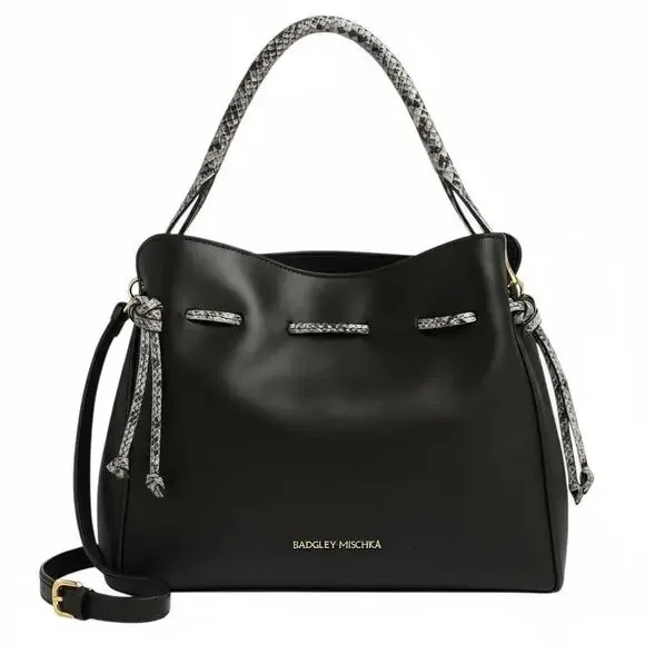 Badgley Mischka Drawstring Bucket Tote Shoulder Bag Black Snake Print NWT