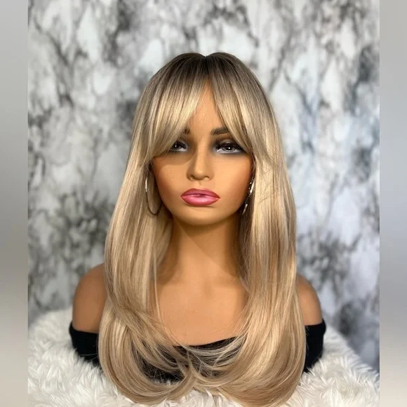 24 Inch Straight Blonde Layered hair Wig With Curtain Bangs Dark Roots