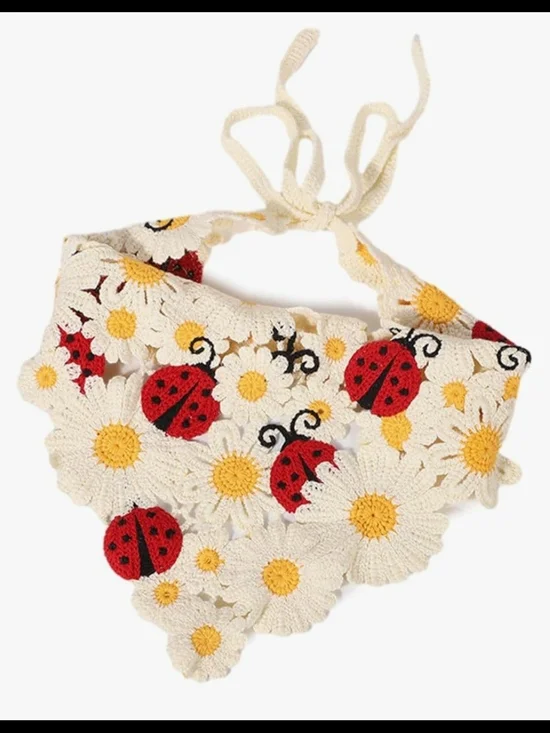 NWT Cream Daisy & Red Ladybug Crochet Bandana