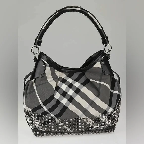 BURBERRY Beat Check Nylon Studded Hobo Bag
