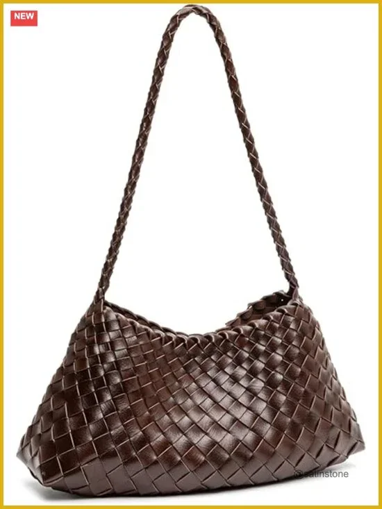 Woven Hobo Shoulder Bag with Drawstring – Faux Leather Handbag