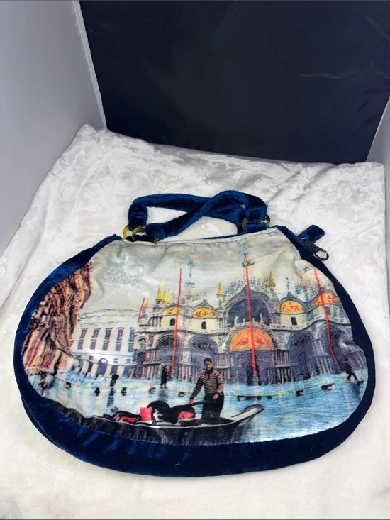 Vintage Diesel Blue Velvet Venice Gondola Print Hobo Handbag Y2K Shoulder Bag