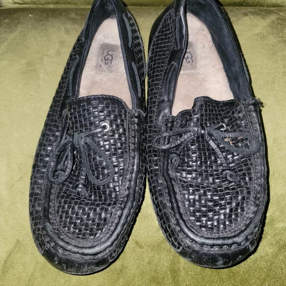 Mens Sz 9 UGG Chester Woven Loafers Black Slip On Shoes Wool Lining