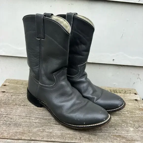 Vintage 90s Justin Gray Roper Pull On Boots Cowboy Cowgirl Western Youth 5D