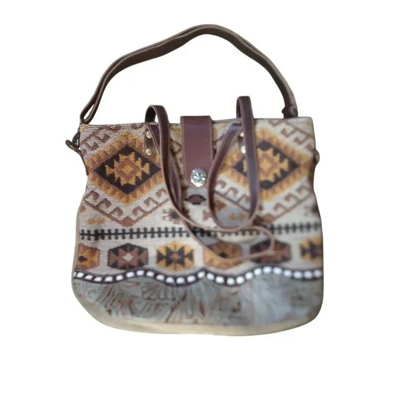 Myra Bag Boho Southwestern Canvas & Leather Tote Bag With Patterned Design