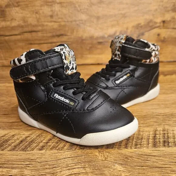 Reebok Black Leopard print high top hook loop sneaker size 5