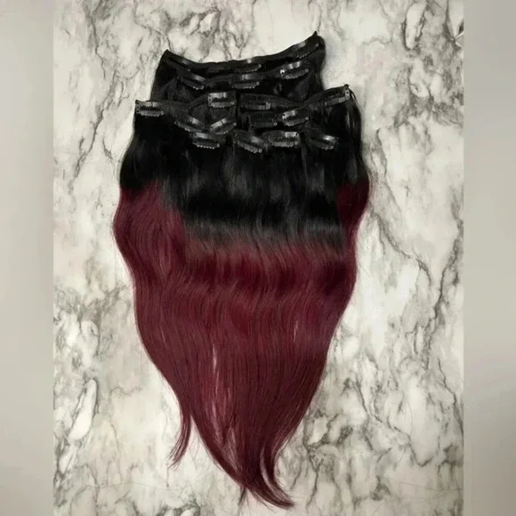 14 In Clip In 100% Human hair Balayage Black with Red Burgundy Straight …