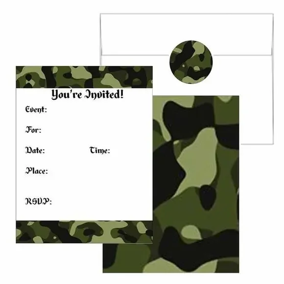 Camouflage Invitations Cards Envelopes and Sticker Seals