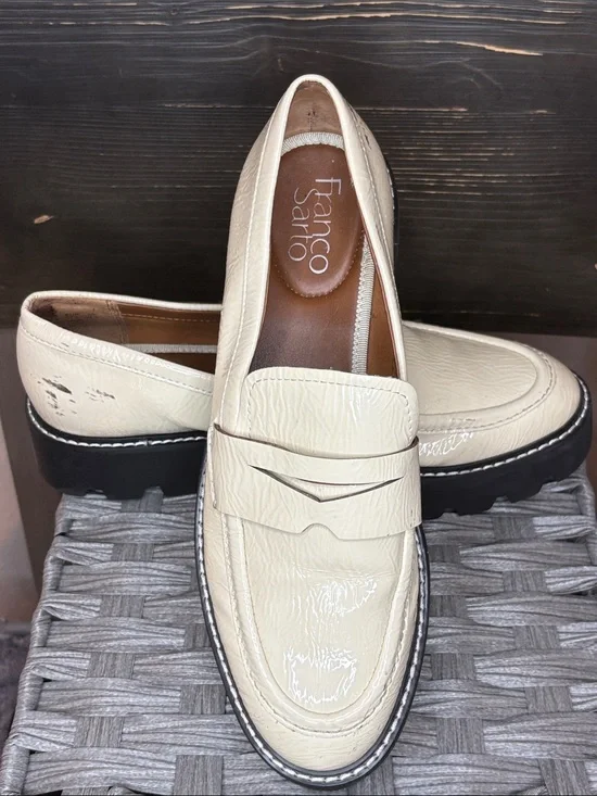 Franco Sarto Cream Patent Leather Lug Sole Penny Loafers