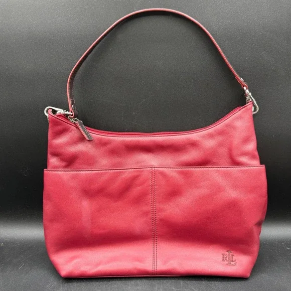 Lauren Ralph Lauren Red Leather Hobo‎ Shoulder Bag Purse Front Pocket RL Logo