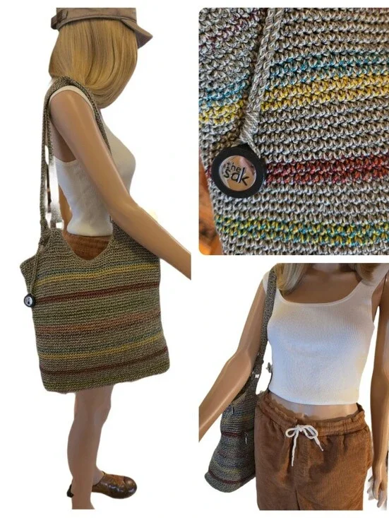 The Sak Belle Voyager Stripe Crochet Boho Hobo Shoulder Bag EUC