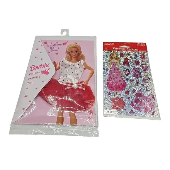 New Lot of 2‎ Vintage Barbie Fashion Greeting Card & 2 Sheets Valentine Stickers