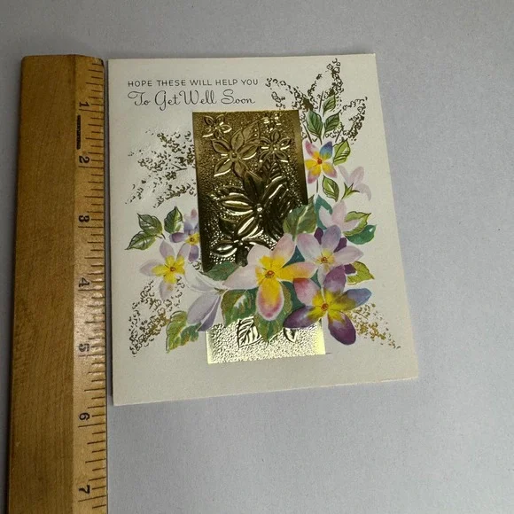 Vintage Get Well Soon Greeting Card Floral Gold Foil Embossed 935110 USA Made