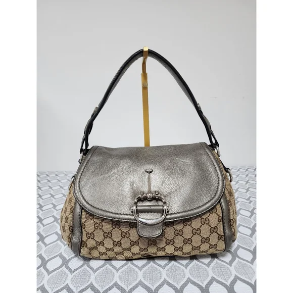 Gucci Medium GG Canvas Techno Horsebit Flap Hobo Bag Grey/Beige