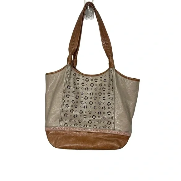 The Sak Light Brown Leather Hobo Bag Floral Accent