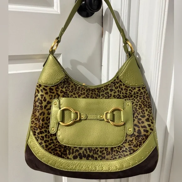 Cole Haan Stephanie Leopard Haircalf Hobo Bag Moss Green Leather NWT $395