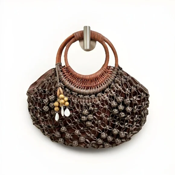 Coldwater Creek Brown Woven Macrame Handbag Wood‎ Circle Handle Shell Charm Boho