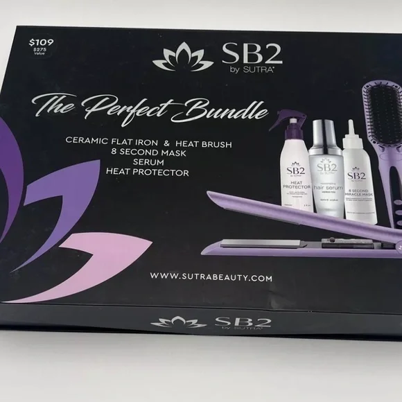 Sutra Beauty 5-Pc. Hair Styling Gift Set; Flat Iron, Heat Brush, Protectant NEW
