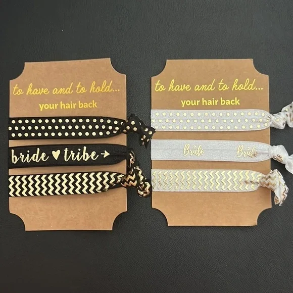 Bridal Party Hair Ties, 3 Black & 3 White Bride & Bride Tribe ties, 2 packs