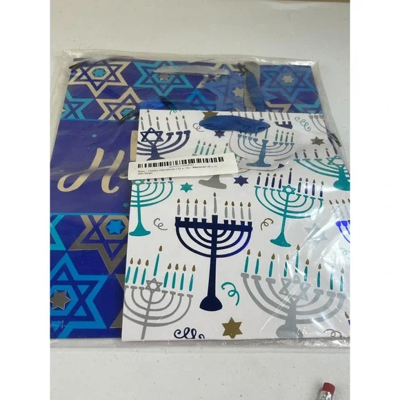 Happy Hanukkah Set of 2 Gift Bags Start of David Menorah Blue Gold Silver Teal