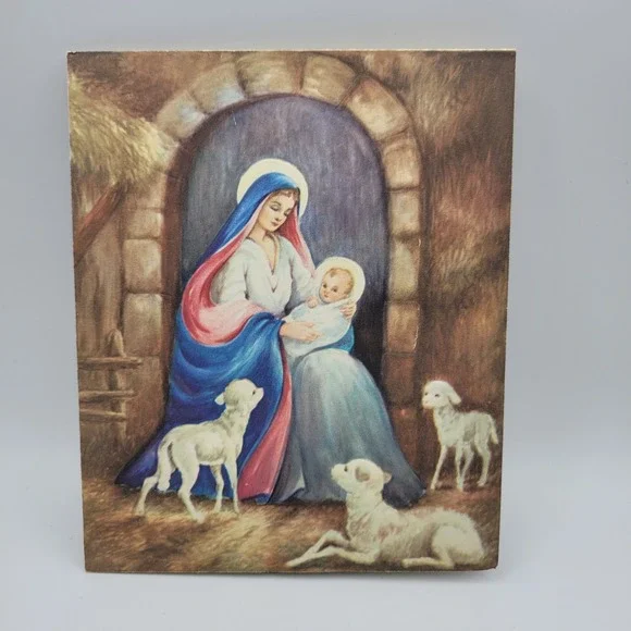 Vintage Mary Jesus Lambs Christmas Card‎ Unused Religious Art Frameworthy
