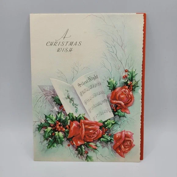 Vintage Christmas Card Roses Silent Night‎ Holiday Greeting Unused Signed
