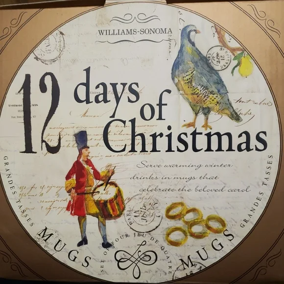 Williams Sonoma Festive 12 Days of Christmas Art in Cream and Brown Mugs(4)