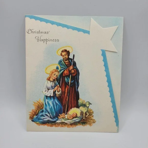 Vintage Christmas‎ Happiness Nativity Scene Card Unused Religious Holiday