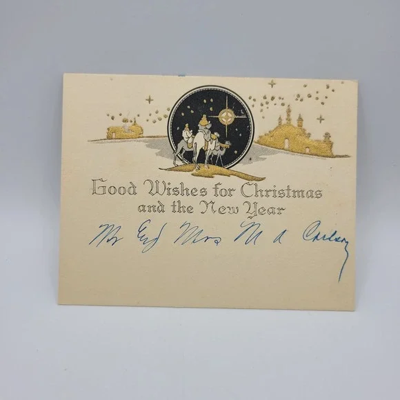 Vintage Christmas Card Good Wishes Three Kings Gold Buildings‎ Holiday Decor