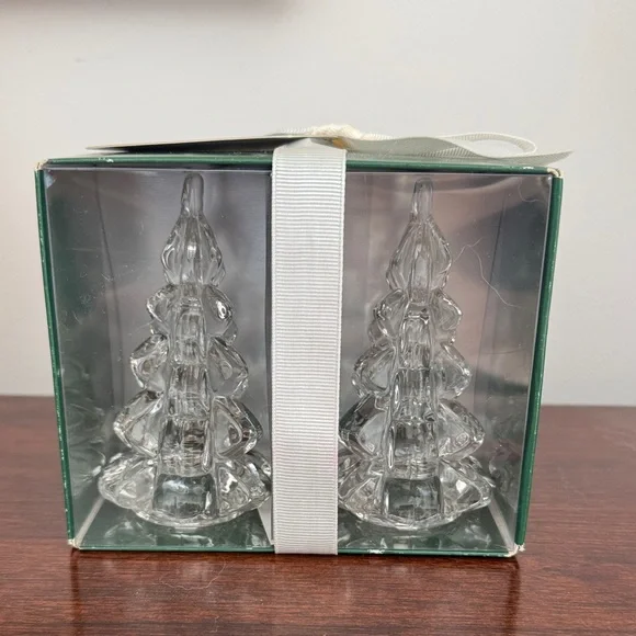 Williams Sonoma set of 2 Christmas tree taper candle holders.