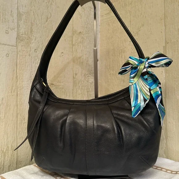 Coach Black Leather Hobo with Blue and Green Scarf Accent