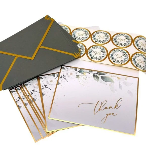 Thank you Cards Set of 10 Green Leaf Design w/ Stickers and Envelopes 3.75x5