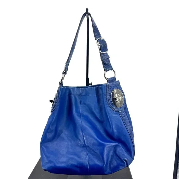 Coach Blue Leather Snakeskin Trim Hobo‎ Bag Silver Turnlock 13708 Mens Womens