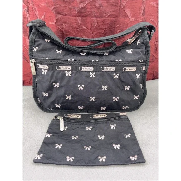 RARE LeSportSac Classic Hobo Embroidered BOWS Adjustable Crossbody W/Pouch GUC