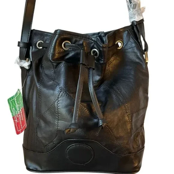 Maxam Lambskin Patchwork Mosaic Drawstring Bag, Black NWT Vintage