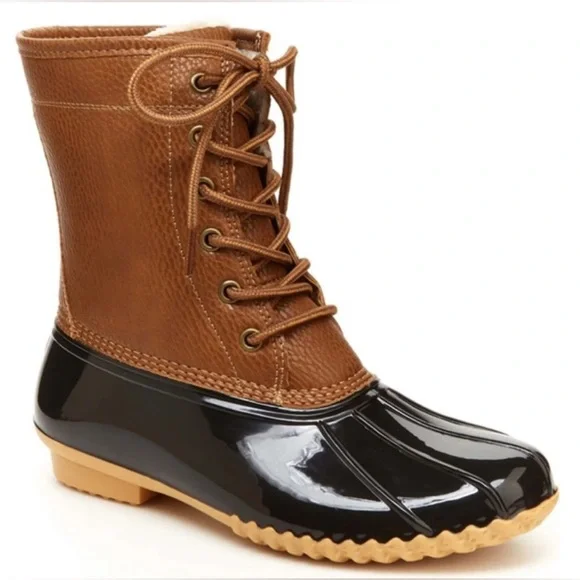 NEW Duck Boots Navy Blue Brown Youth Womens 5 Plaid Lace-Up Waterproof Fisherman