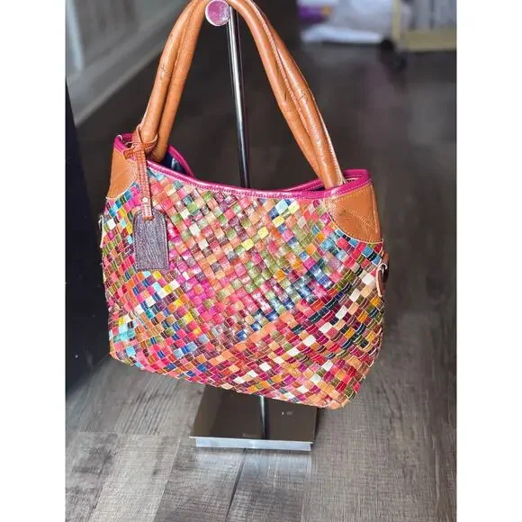 Spring Step L’Artiste Woven Leather Shoulder Tote Multicolor Artisan Bag pride