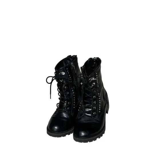 Girls Black Combat Boots Studded Goth Moto Ankle Boots Size 1 Kidpik