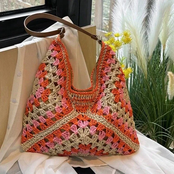 Elegant Orange and Pink Crochet Hobo Bag