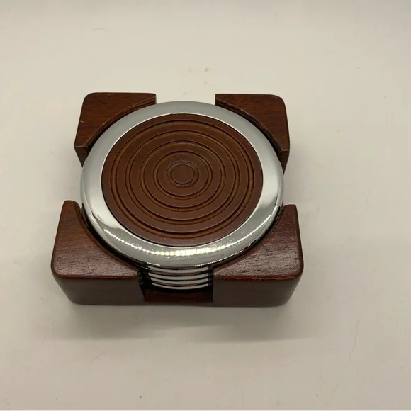 Williams Sonoma Wood and Metal Coasters With Holder. Velvet bottom.Gently Used.